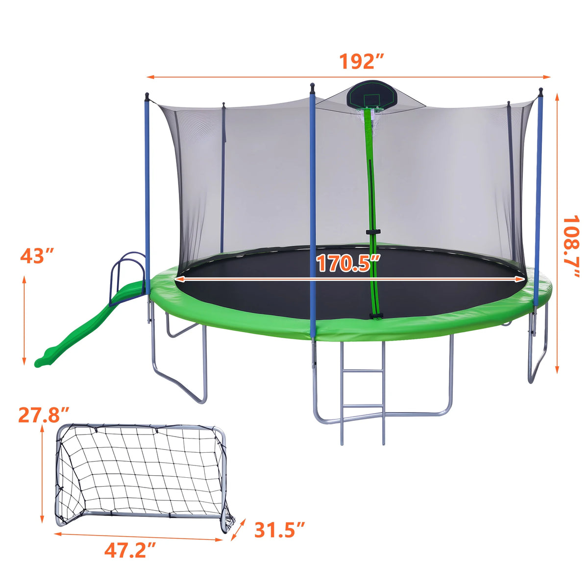 Trampoline de 12 pieds avec toboggan, balançoires, trampoline récréatif SEGMART avec panier de basket et échelle, trampoline d’extérieur robuste pour jardin avec filet pour enfants et adultes, vert