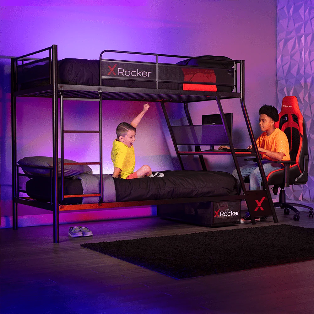 Lit superposé gaming X Rocker Armada Twin avec bureau gaming intégré, noir, Twin/Twin, Enfants, Adolescents