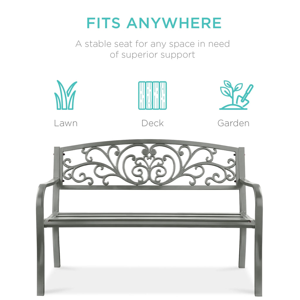Best Choice Products Banc en Acier d'Extérieur Jardin Patio Porche Meuble avec Dossier à Motif Floral - Noir