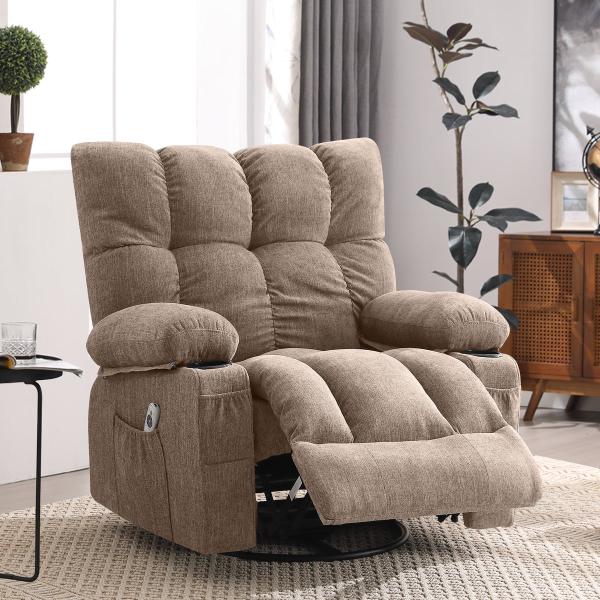 Fauteuil inclinable manuel JONPONY avec fonction de massage et de chauffage, mécanisme d’inclinaison robuste, fauteuil à bascule individuel pour personnes âgées avec porte-gobelets, pour chambre et salle de cinéma maison, gris