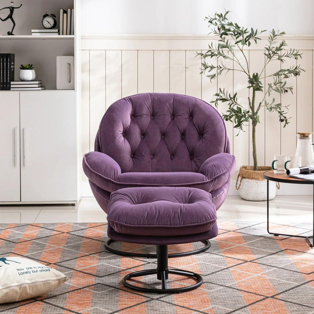 Fauteuil d'appoint pivotant en velours avec pouf, fauteuil méridienne moderne avec structure en métal et repose-pieds, fauteuil confortable pour la lecture, salon, chambre, bureau, bleu