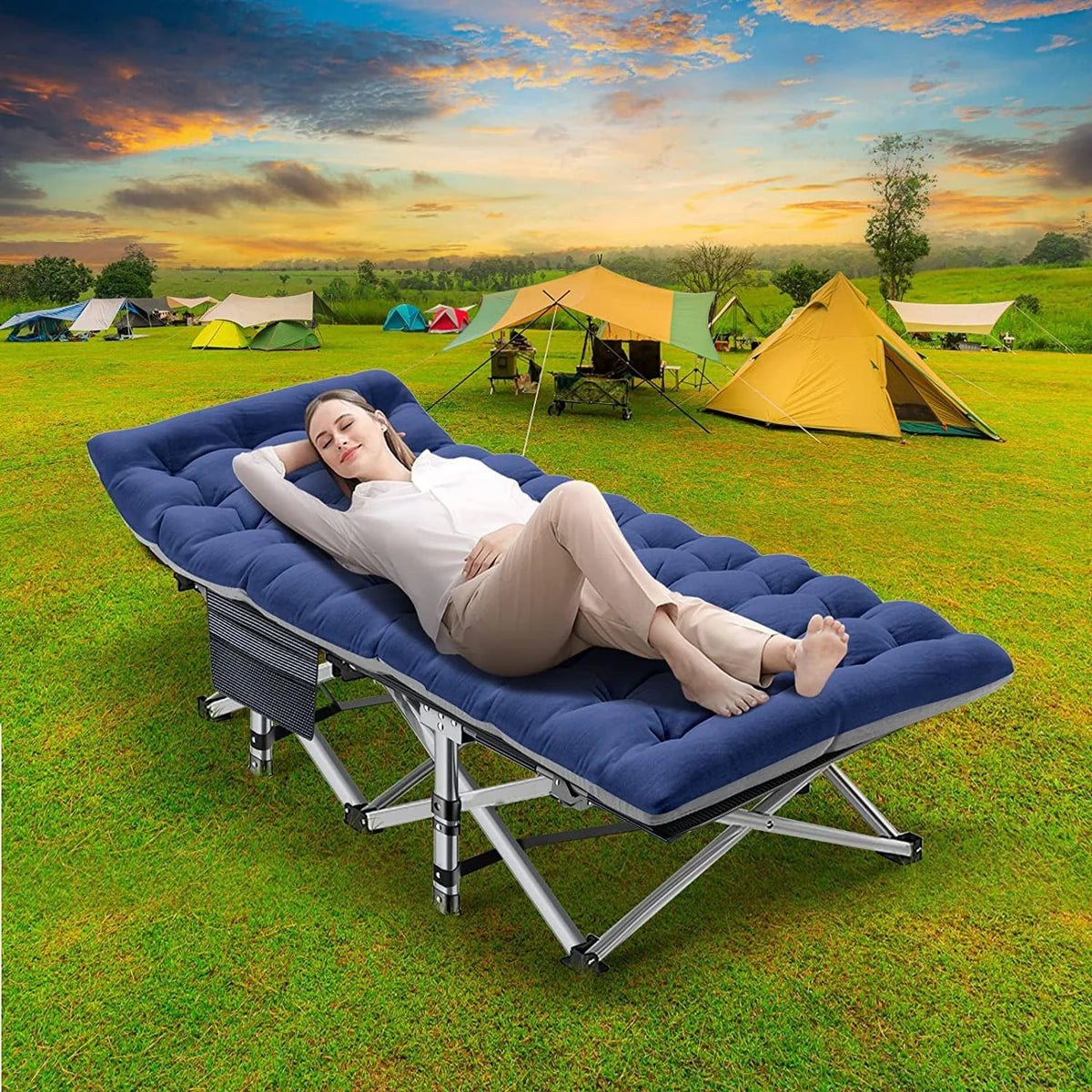 Lot de 2 lits pliants Slsy avec matelas réversible de 8,4 cm, lits de camping pliants 75 × 28 avec sac de transport, lits d’appoint portables