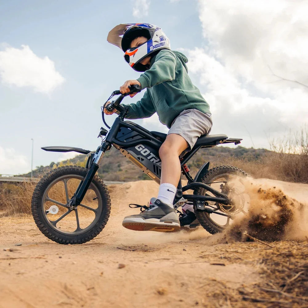 GOTRAX Fitz16 Moto tout-terrain électrique pour enfants à partir de 8 ans, moteur de 350 W, pneus tout-terrain de 16 pouces, double suspension, vitesse de 15,5 mi/h, autonomie de 16 mi, phare à DEL, noire