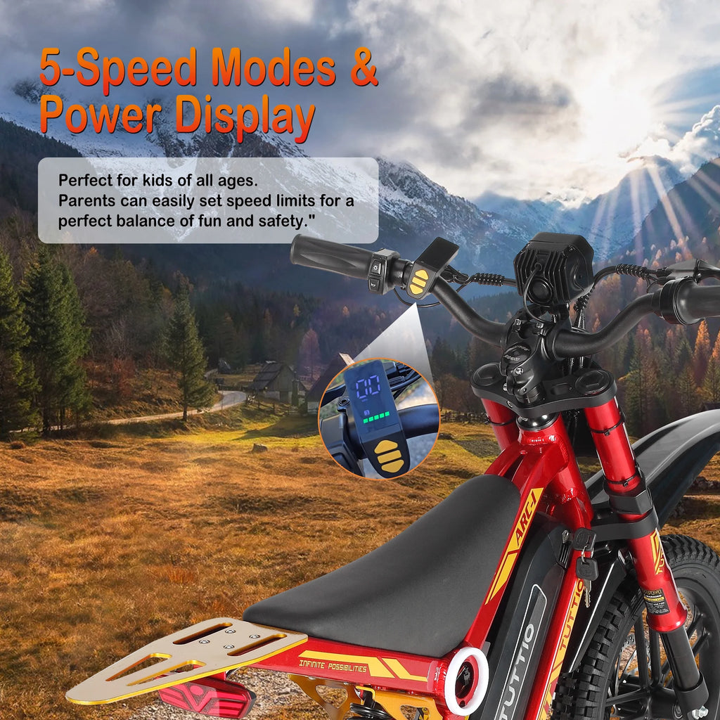 TUTTIO ARC-1 Mini moto tout-terrain électrique 750W pour enfants 8-14 ans, Moto électrique 5 modes de vitesse, 22MPH, 16 pneus, Batterie 36V, Autonomie 25 miles