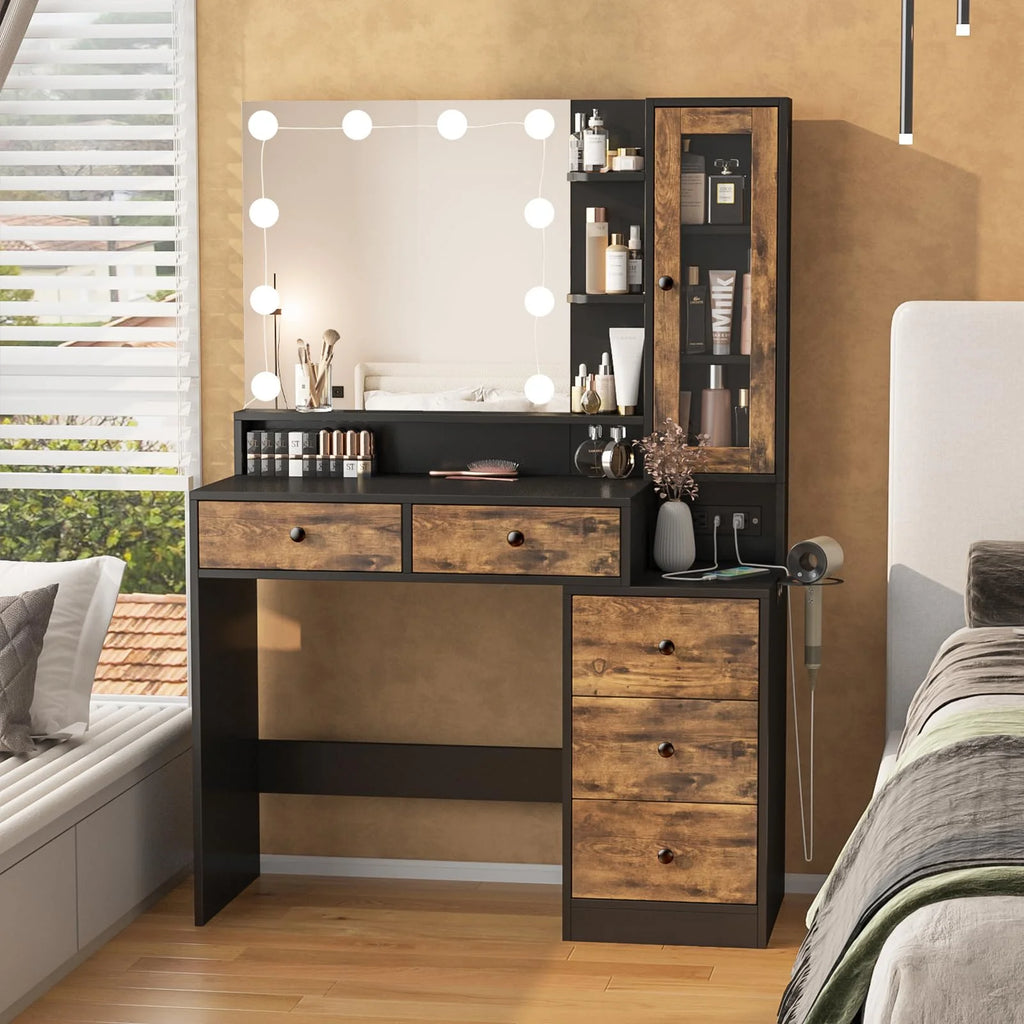 Coiffeuse VEANERWOOD avec miroir éclairé et bloc multiprise, table de maquillage moderne avec 5 tiroirs, blanc