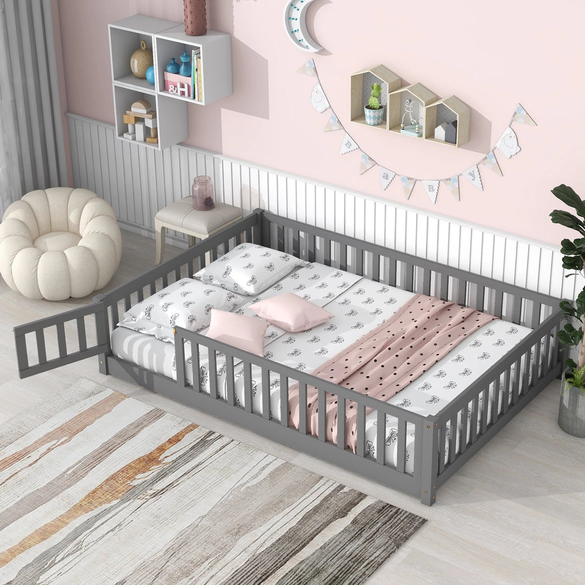uhomepro Cadre de lit au sol en bois 2 places avec barrière et porte pour enfants et tout-petits, Gris