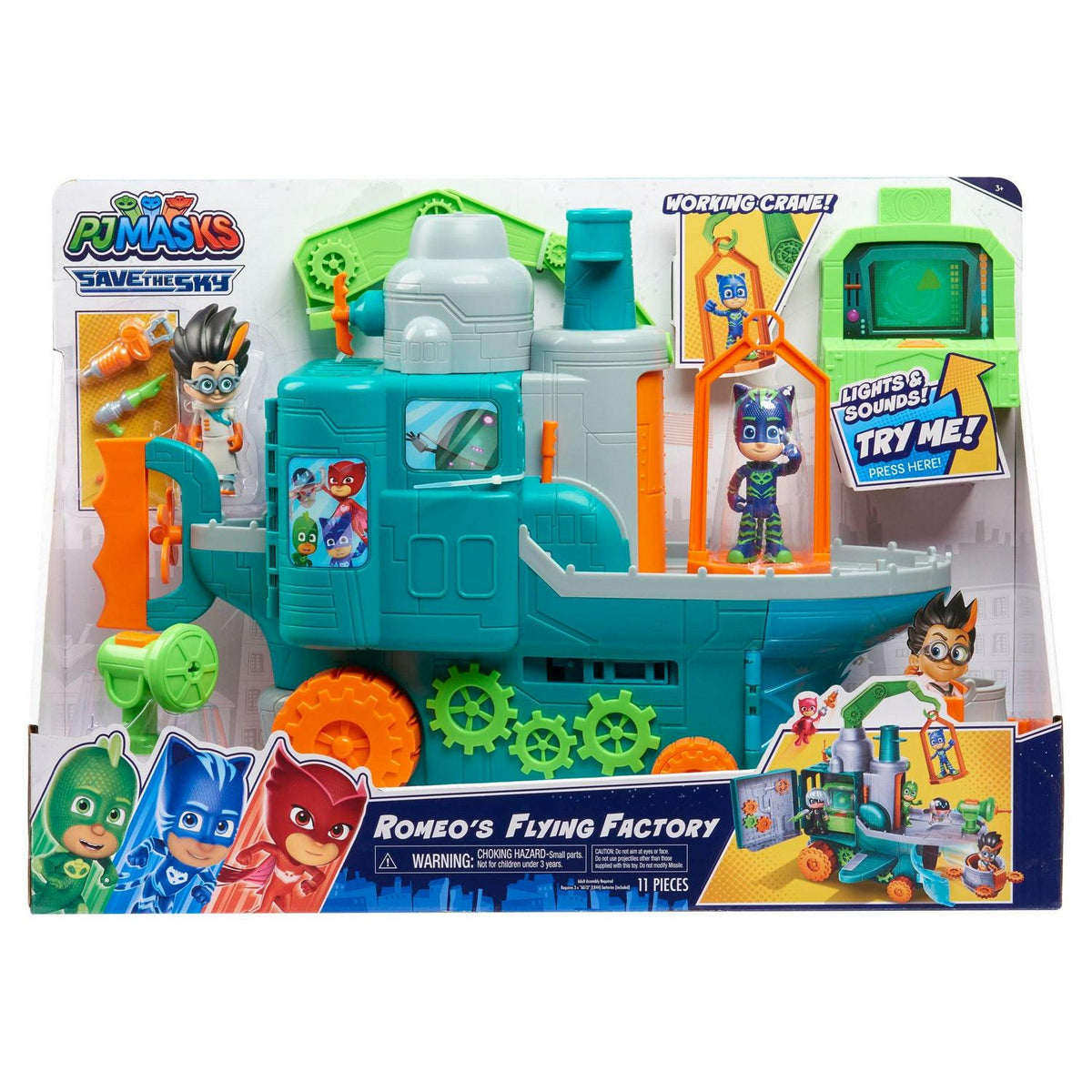 Coffret de jeu Pyjamasques Usine volante de Romeo avec lumières. Sons. et compartiment secret. Jouets pour enfants à partir de 3 ans. Cadeaux et présents
