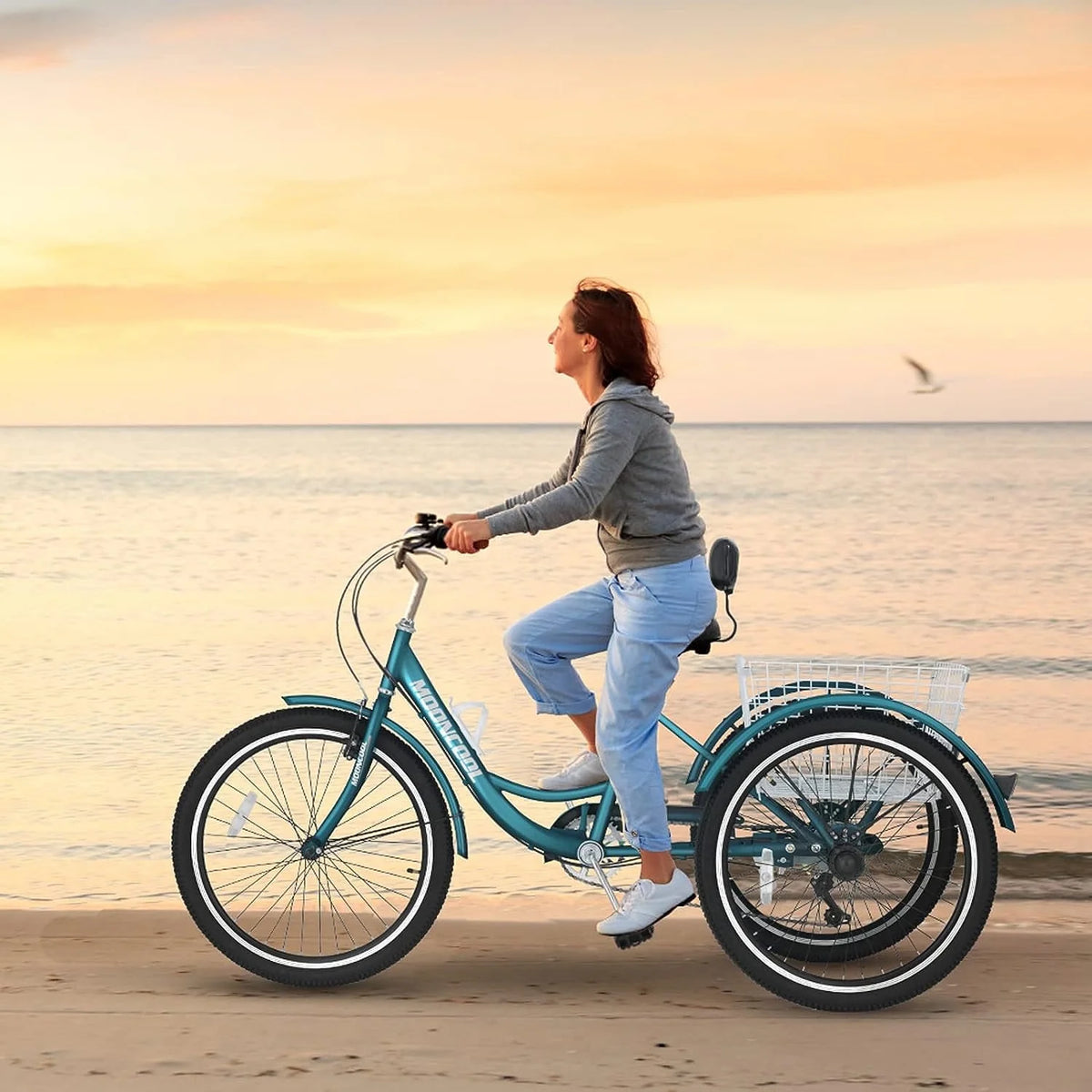Tricycles pour adultes MOONCOOL avec panier arrière et pompe à pied, vélos à 3 roues 7 vitesses de 24 et 26 pouces, vélo à trois roues pour adultes avec dossier pour seniors, femmes et hommes