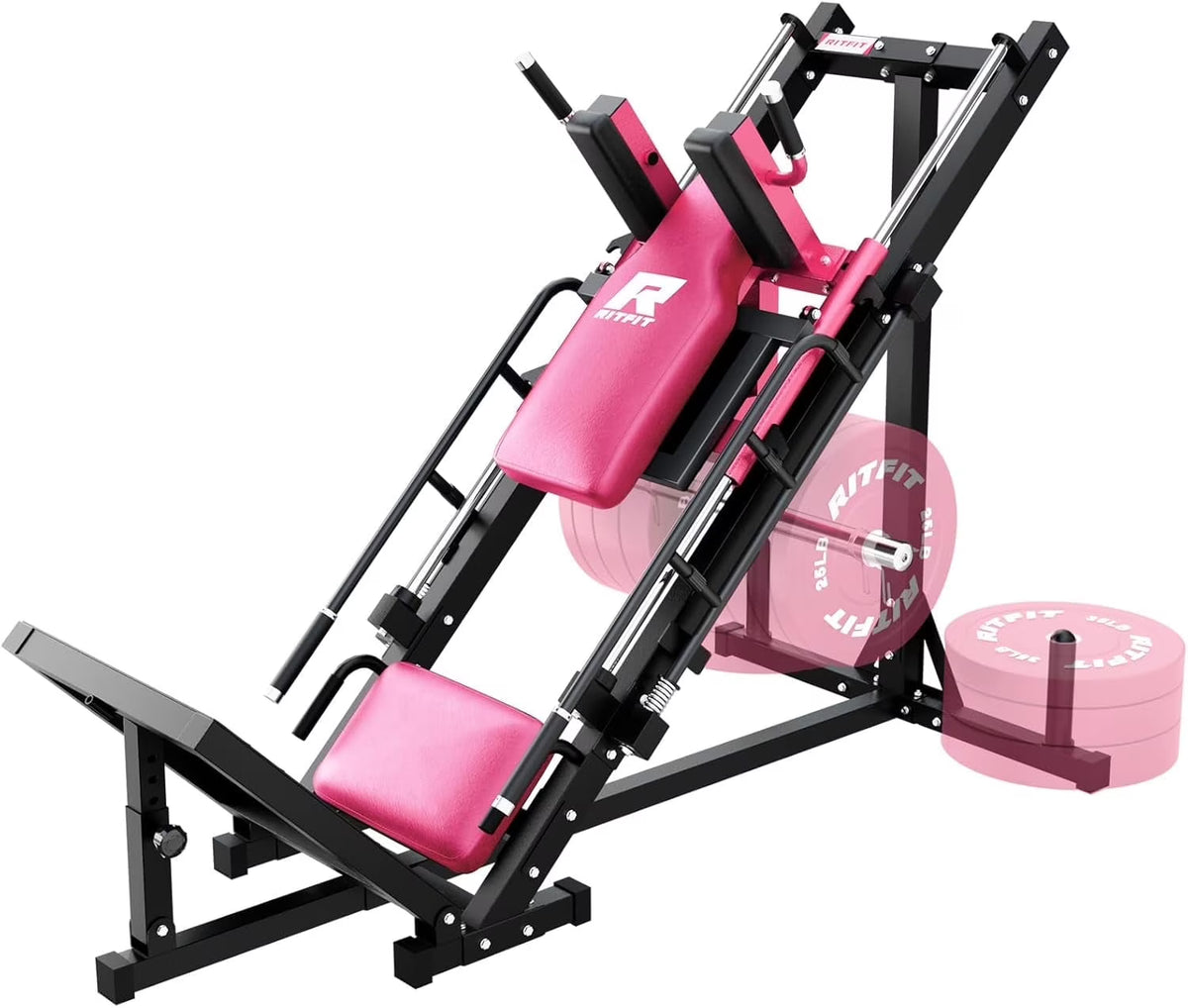 Machine à presse à jambes et hack squat RitFit, Presse à jambes professionnelle réglable pour salle de sport à domicile avec roulement linéaire, Machine hack squat spécialisée pour un entraînement complet du bas du corps avec rangement de poids, Rose