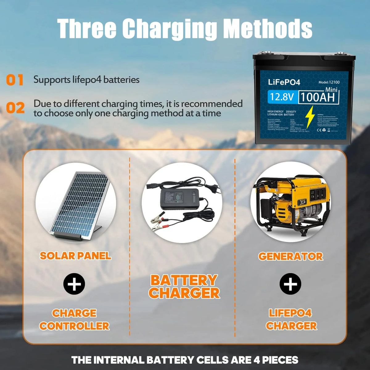 Batterie au lithium LiFePO4 12V 100Ah avec BMS 100A pour Camping-car et Fourgon Aménagé à cycles profonds