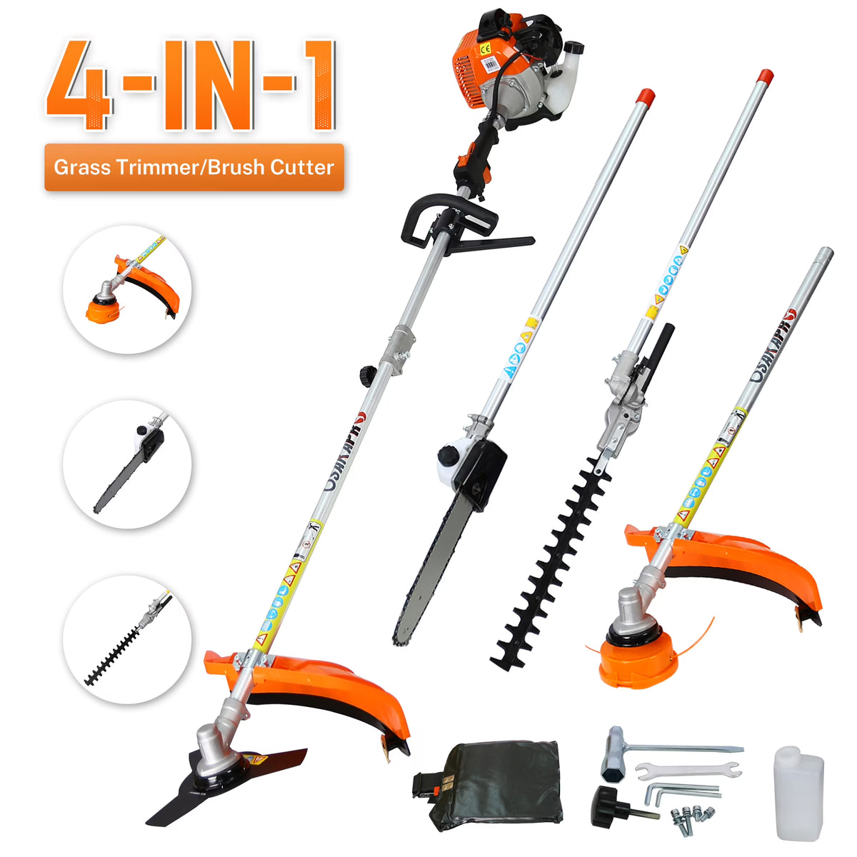Coupe-bordures à essence 52 cm³, Sesslife 4-en-1 avec tronçonneuse télescopique, taille-haie, coupe-herbe, débroussailleuse, tondeuse à gazon 2 temps avec vilebrequin complet pour jardin, orange
