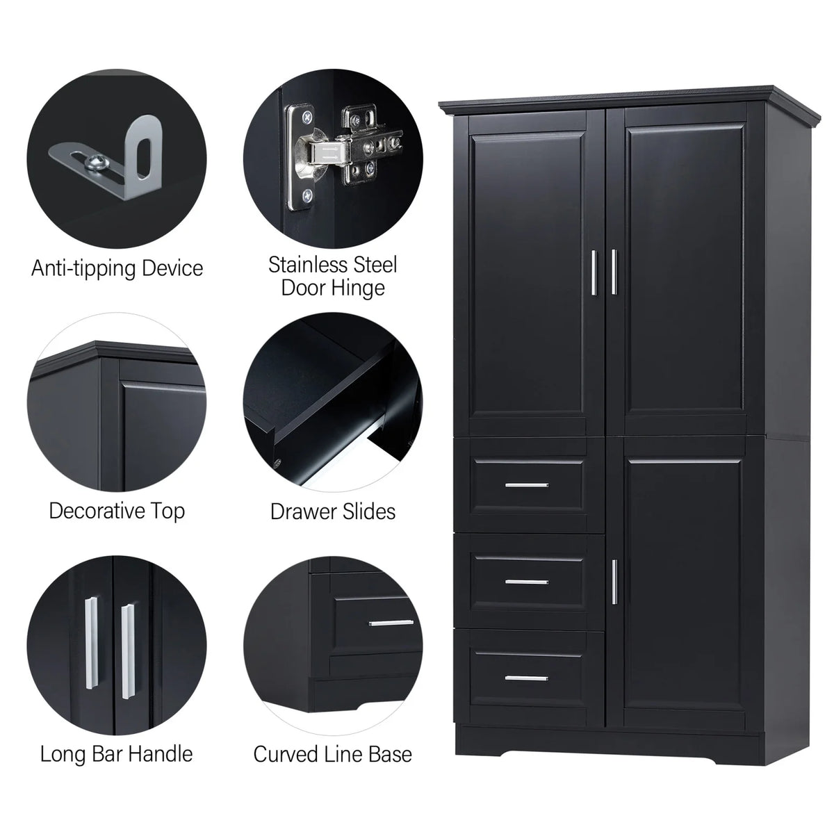 Armoire de salle de bain, meuble de rangement de 62,2 de haut avec portes et étagères, armoire à linge sur pied pour salle de bain, cuisine, salon, grise