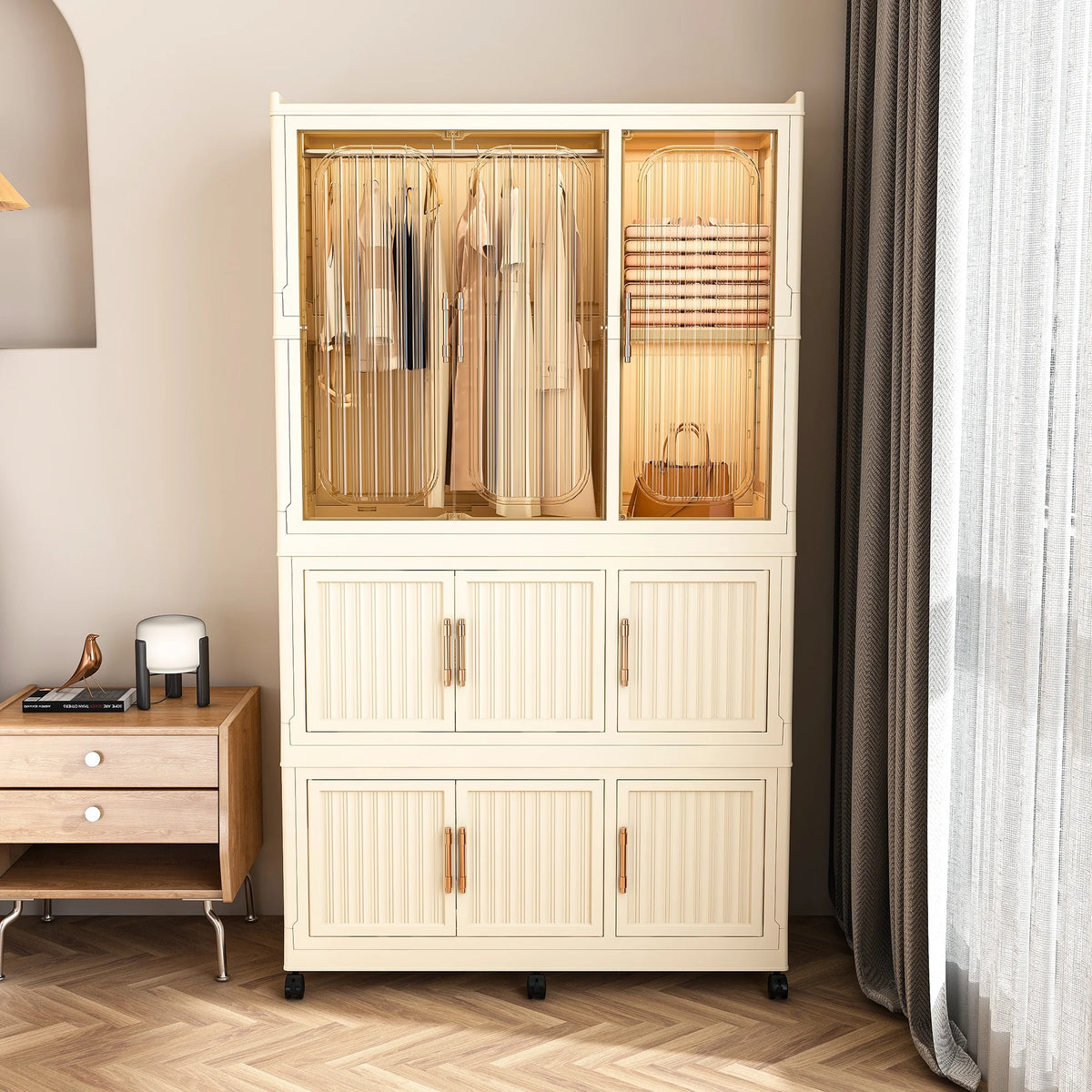 Penderie portable pour enfants Montary avec portes magnétiques et tringle – Meuble de rangement en plastique à 4 casiers pour chambre d'enfant
