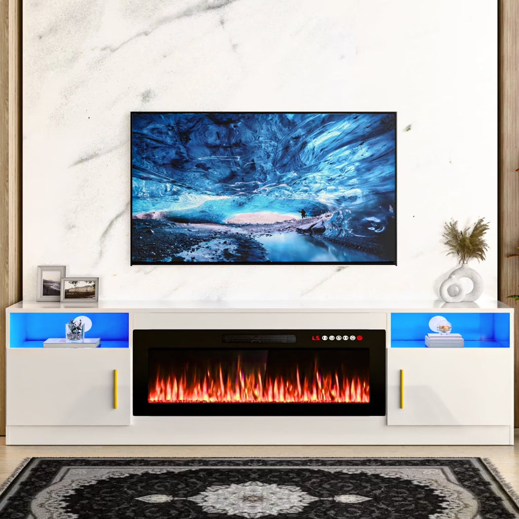 Meuble TV avec cheminée Waleaf avec cheminée électrique de 36 pouces pour téléviseurs jusqu’à 80 pouces, console multimédia moderne en bois avec meuble éclairé, blanc