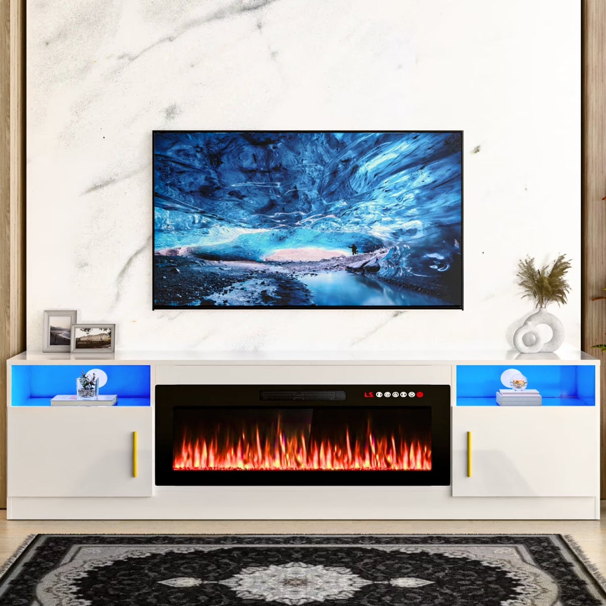Meuble TV avec cheminée Waleaf avec cheminée électrique de 36 pouces pour téléviseurs jusqu’à 80 pouces, console multimédia moderne en bois avec meuble éclairé, blanc