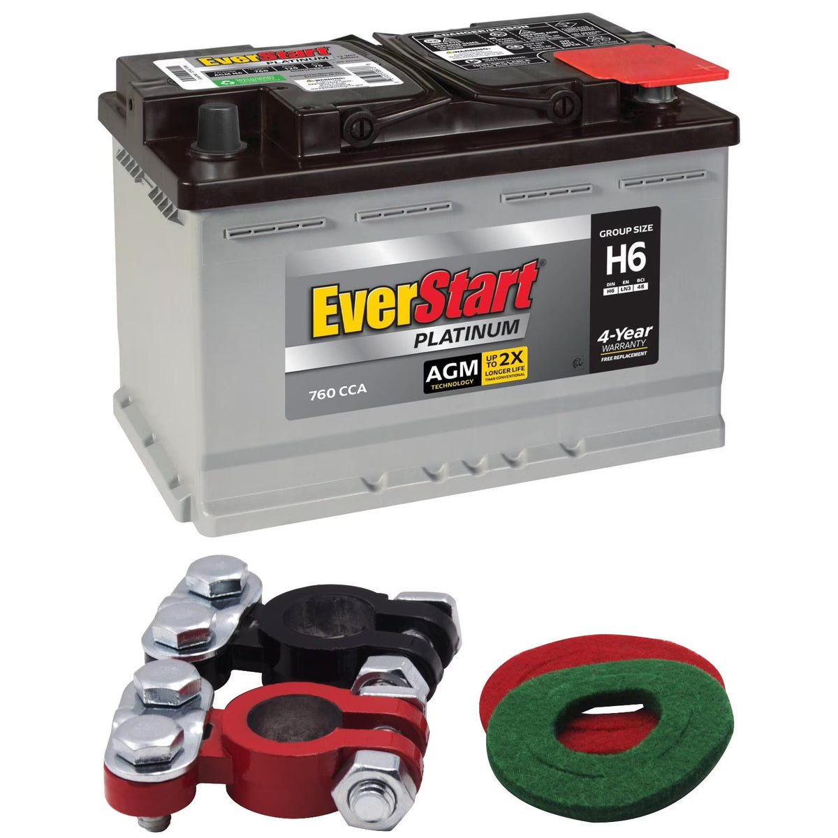 Batterie automobile EverStart Platinum AGM, Groupe H6 / LN3 / 48, 12 volts, 760 CCA, avec bornes de batterie à plot supérieur revêtues d’époxy