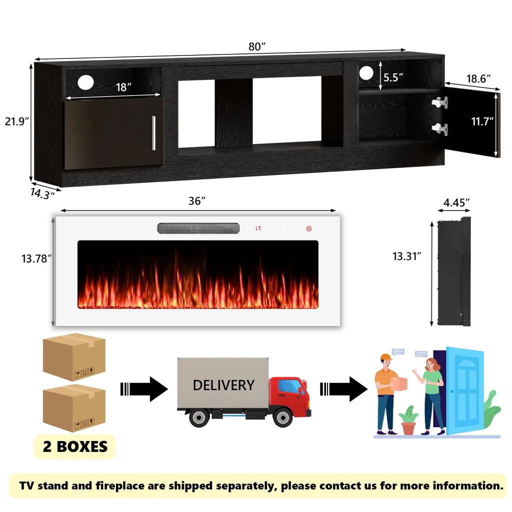 Meuble TV avec cheminée Waleaf avec cheminée électrique de 36 pouces pour téléviseurs jusqu’à 80 pouces, console multimédia moderne en bois avec meuble éclairé, blanc