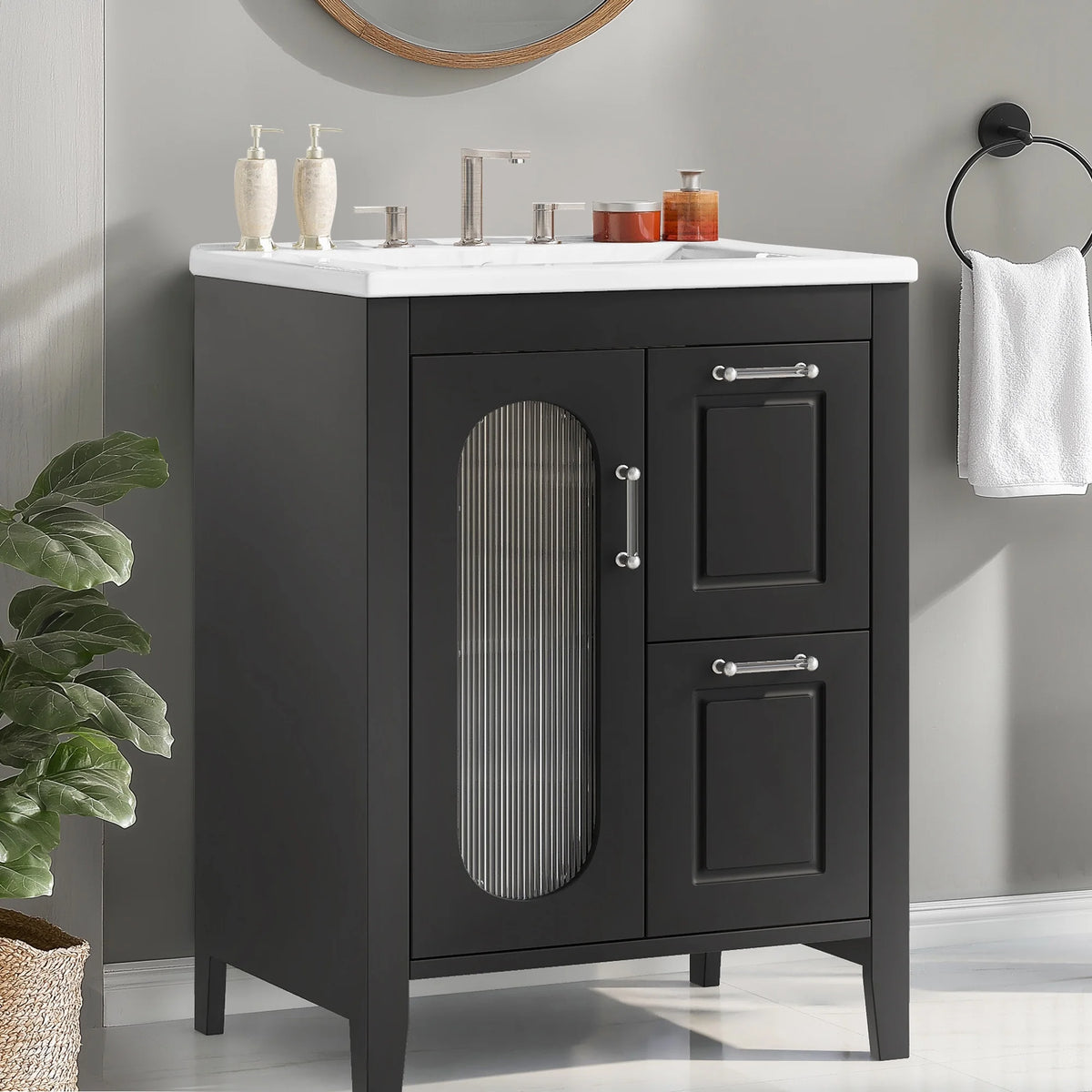 Meuble-lavabo Soges 24 avec vasque en céramique, meuble de toilette en bois massif avec porte, étagère réglable et 2 tiroirs, ensemble lavabo simple autoportant pour petite salle de bains, blanc