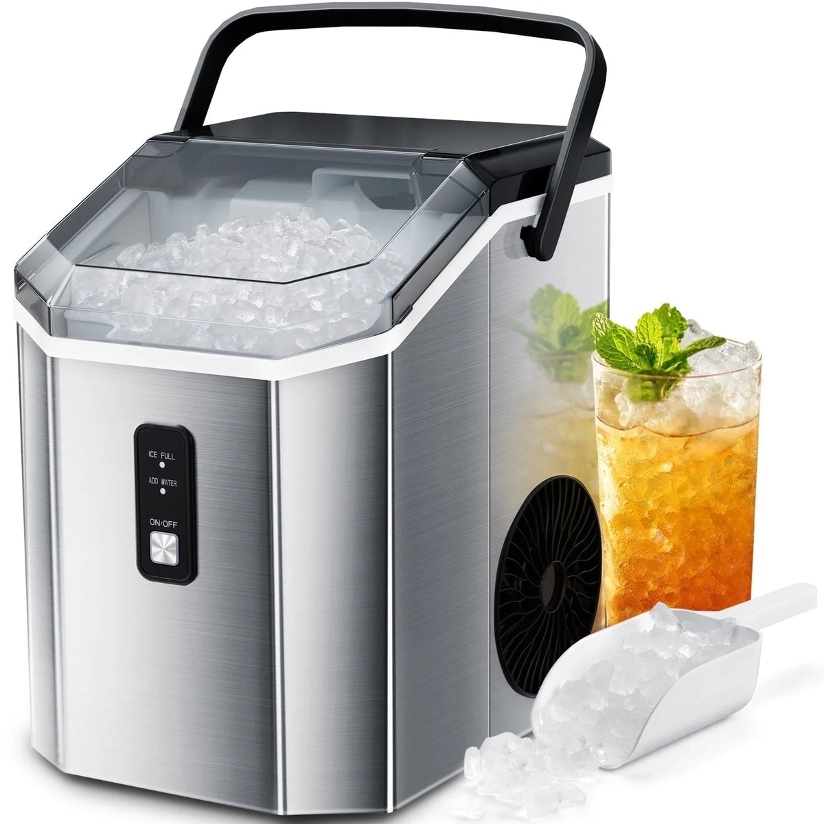 Machine à glaçons Auseo SS Nugget de comptoir avec glaçons tendres à mâcher, 35 lbs/24 h, autonettoyante, pelle à glaçons, acier inoxydable argenté, pour cuisine/bureau/fête