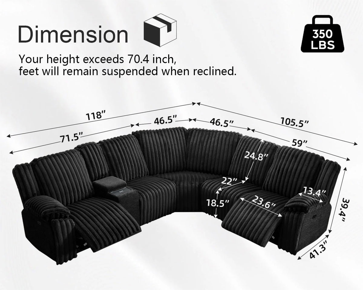 Canapé d’angle inclinable électrique avec chargeur sans fil, 6 places en fausse fourrure avec fauteuils inclinables, porte-gobelets dissimulés, console de rangement, ports USB et Type-C, noir