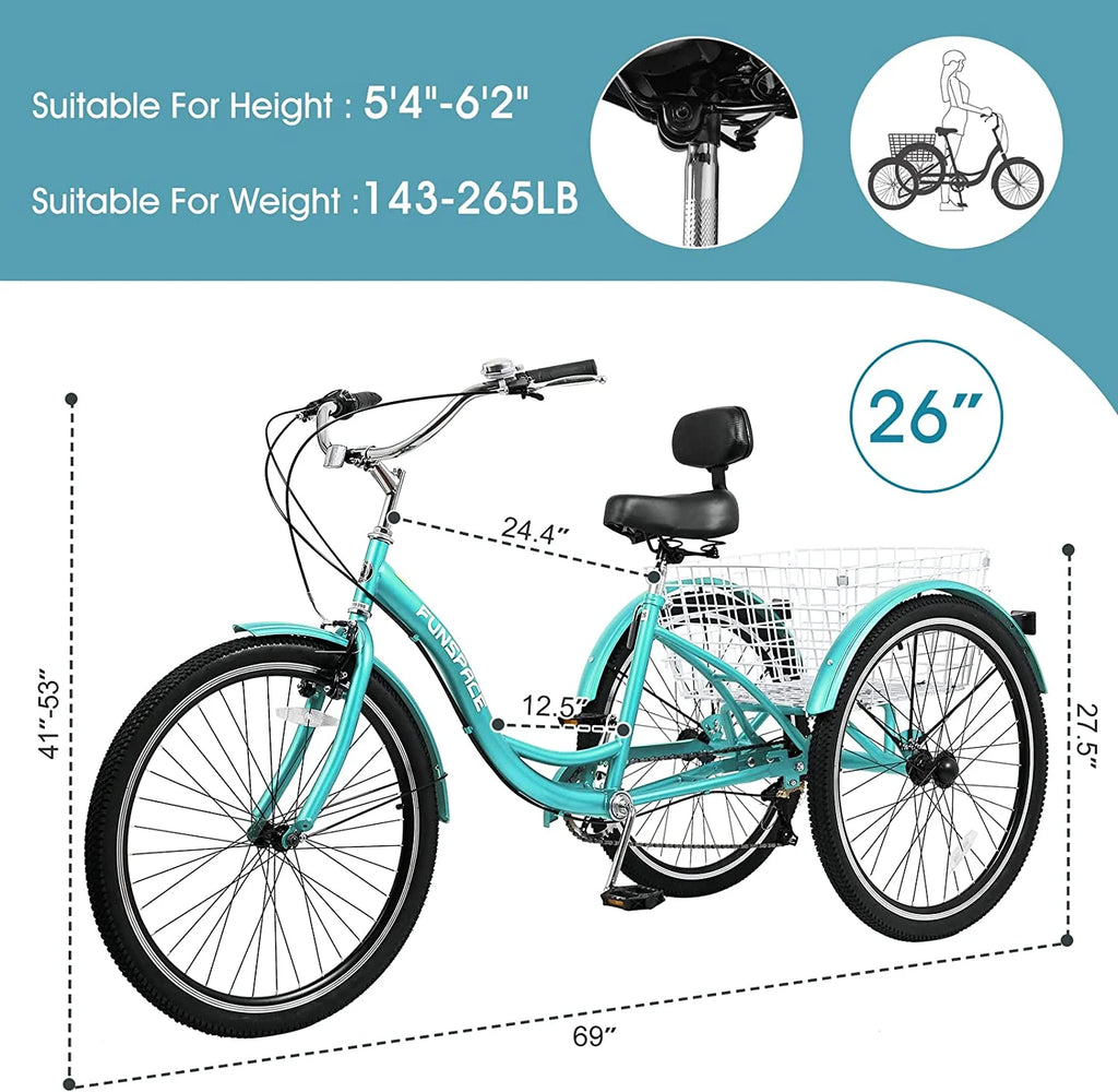 Tricycles pour adultes MOONCOOL avec panier arrière et pompe à pied, vélos à 3 roues 7 vitesses de 24 et 26 pouces, vélo à trois roues pour adultes avec dossier pour seniors, femmes et hommes