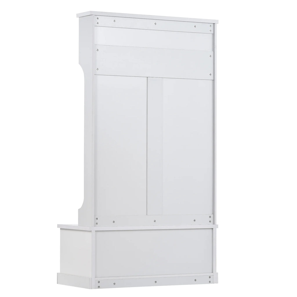 Vestiaire d’entrée avec banc rembourré et patères, banc d’entrée avec 3 crochets, 3 étagères ouvertes, 2 tiroirs et placards de rangement, banc de vestibule avec rangements et crochets pour entrée, vestibule ou couloir (beige)