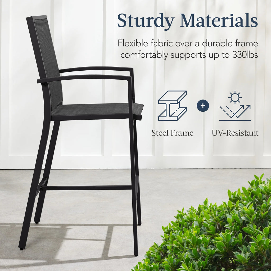 Best Choice Products Lot de 2 tabourets de bar d'extérieur, Chaises de patio hauteur bar avec maille toutes saisons - Noir/Noir