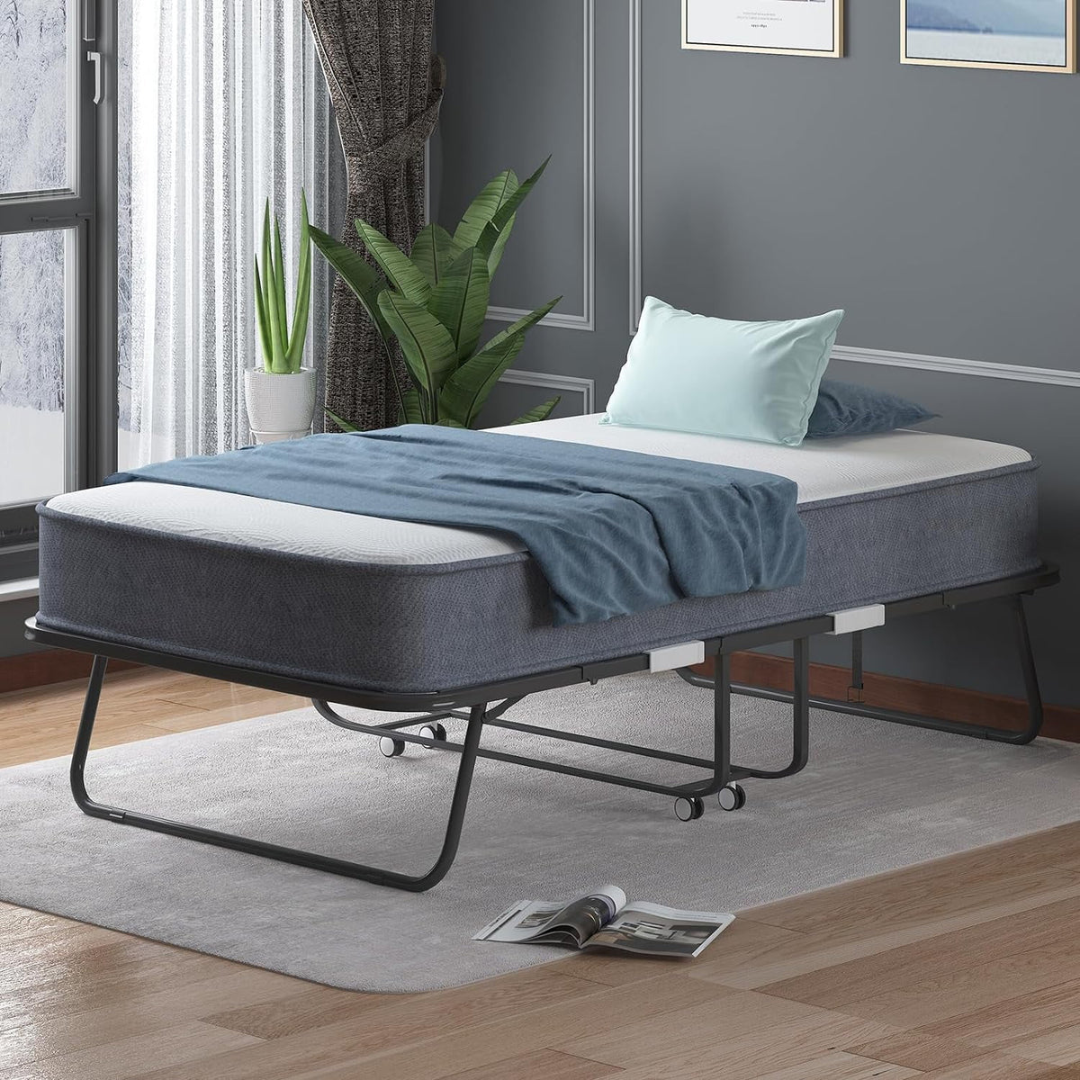 Lit pliant Puremind avec matelas en mousse de 10 cm, lit d’appoint 190 x 80 cm pour adultes, lit portable avec roulettes verrouillables, montage et déplacement faciles, standard