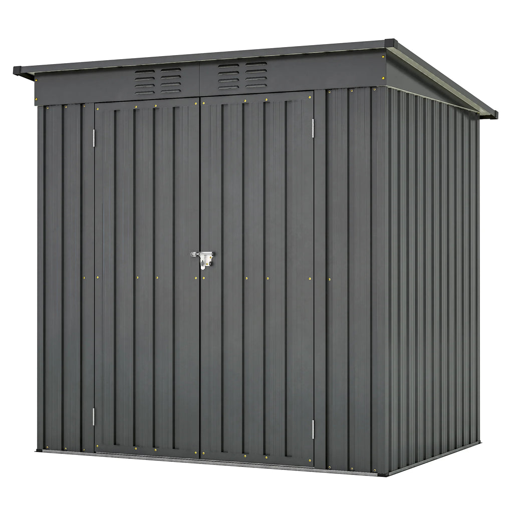 Abri de rangement extérieur de 6 x 4 pi avec cadre de plancher, abri de rangement extérieur avec porte verrouillable, abri pour outils de jardin toutes saisons avec grille d’aération pour maison, cour arrière, terrasse et pelouse, noir