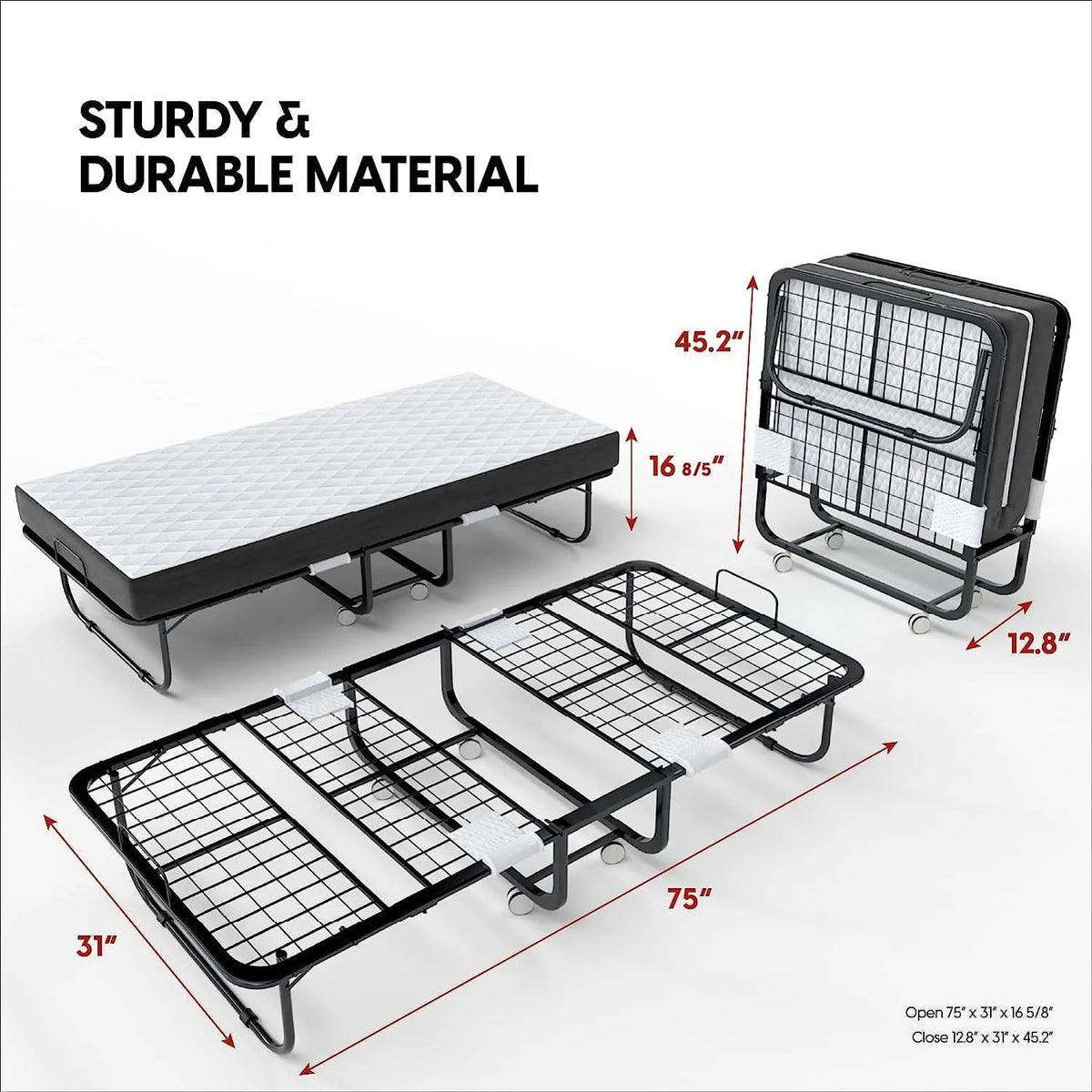 Lit pliant EconoHome avec matelas - Cadre de lit format lit de camp 75 x 31 - Lit d'appoint portable, pliable et roulant pour adultes - Matelas de camp en mousse à mémoire de forme de 12,7 cm d'épaisseur - Lit pliant gain de place facile à ranger