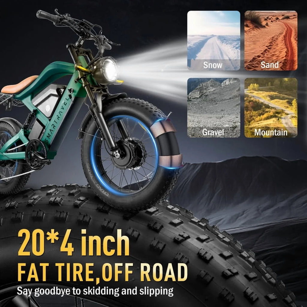 Moto tout-terrain électrique SMARTRAVEL ST202 pour adultes avec moteur de 3 000 W (crête), batterie double 52 V 50 Ah, autonomie de plus de 148 km, pneus de moto de 20 pouces, certification UL2849, suspension intégrale