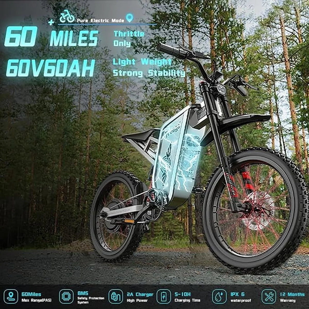 Moto électrique Freego X2Pro pour adultes avec moteur de 6 000 W (crête), batterie 60 V/30 Ah, vélo électrique tout-terrain de 80 km/h à 7 vitesses, suspension intégrale 19x2, frein hydraulique à quatre pistons, UL2849MTB