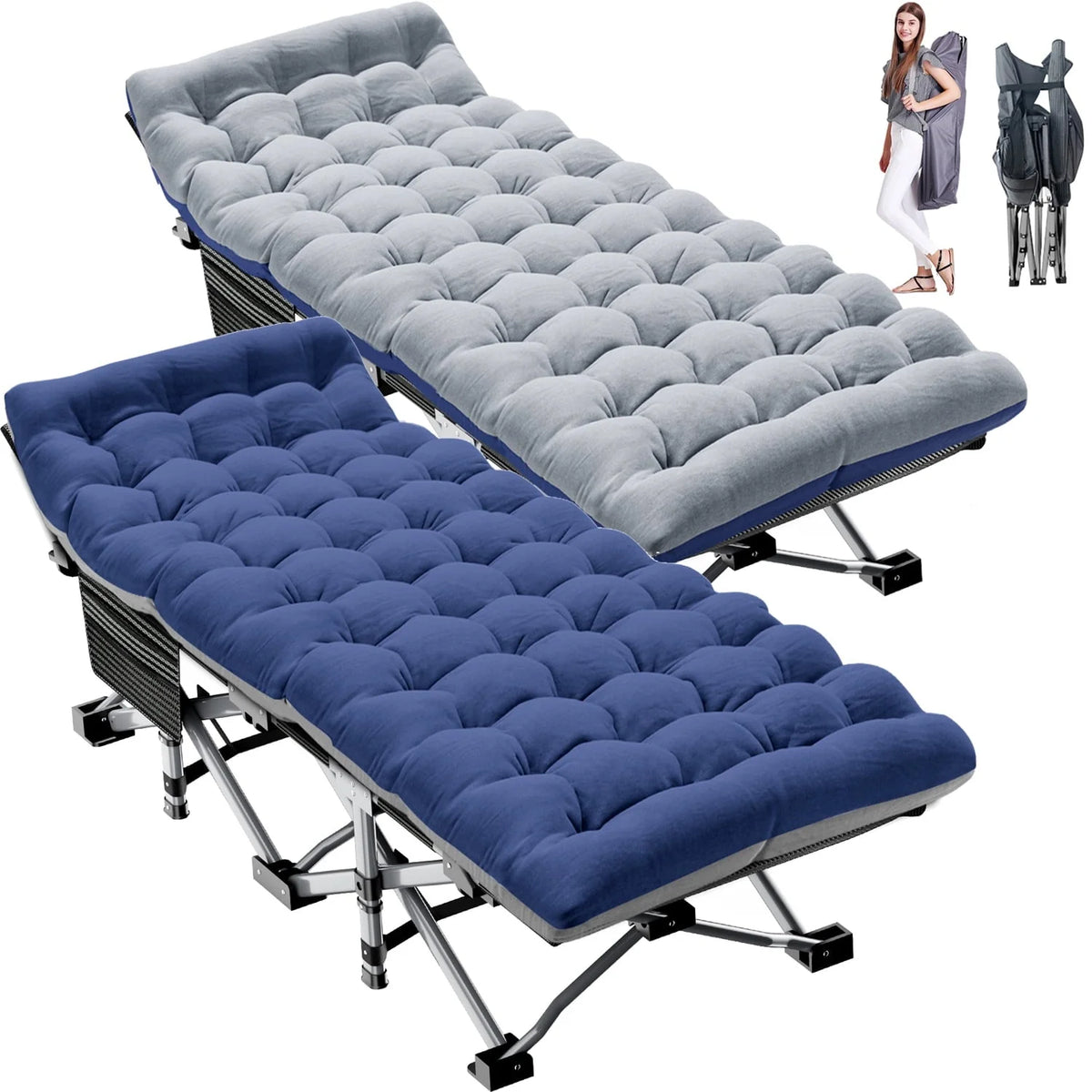 Lot de 2 lits pliants Slsy avec matelas réversible de 8,4 cm, lits de camping pliants 75 × 28 avec sac de transport, lits d’appoint portables