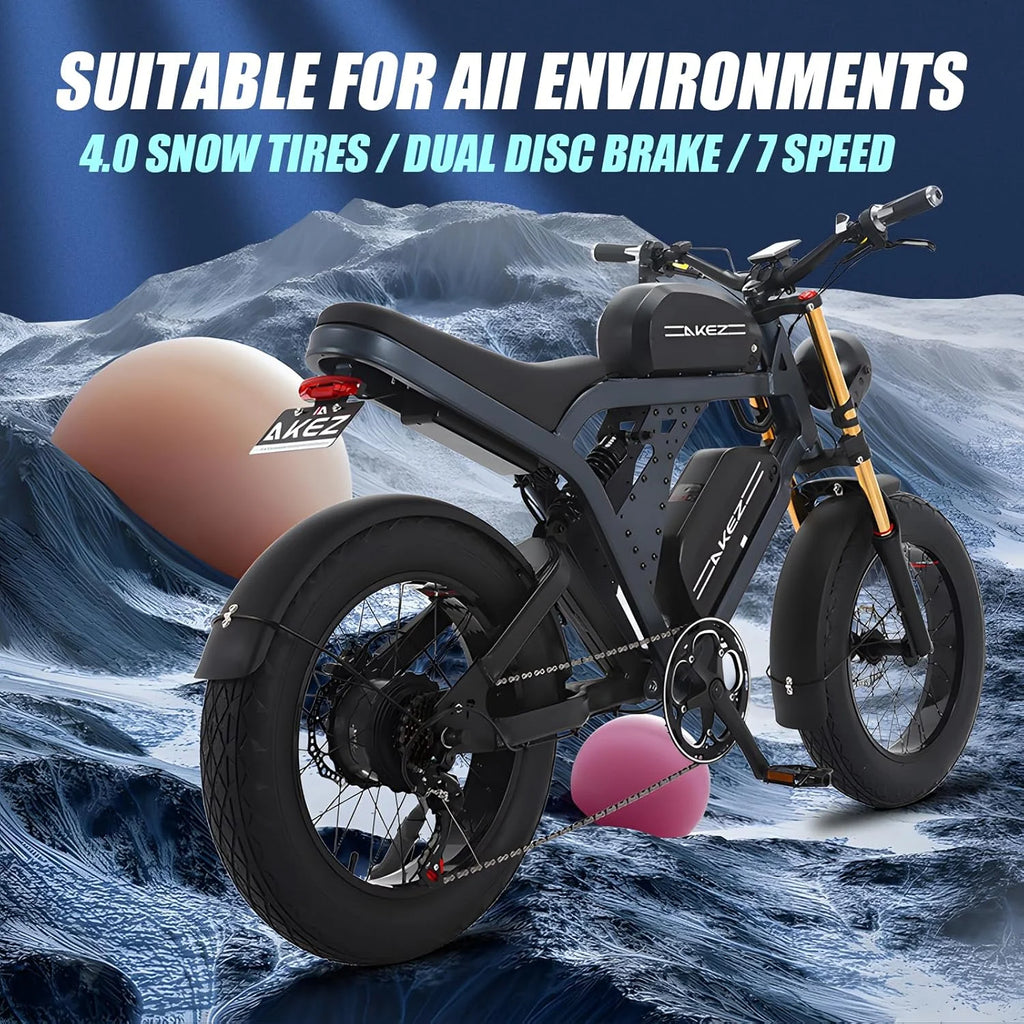 Vélo électrique AKEZ Kingkong 3000 W Peak 1500 W, moto tout-terrain électrique 31 mi/h pour adultes, VTT électrique 48 V 41 A avec double batterie amovible, pneus larges de 20 pouces, 7 vitesses, freins hydrauliques