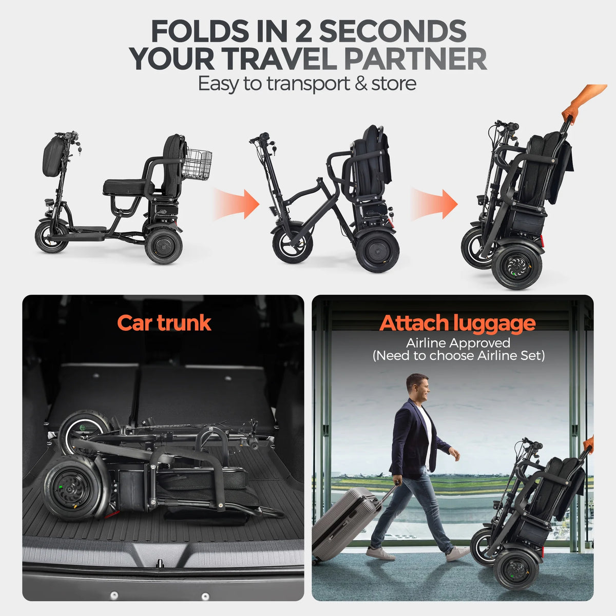BAMACAR Scooter de mobilité pliant à 3 roues, léger pour seniors et adultes, 300 lb, scooter électrique tout-terrain portable pour personnes à mobilité réduite, scooters de mobilité pliables et compacts, noir