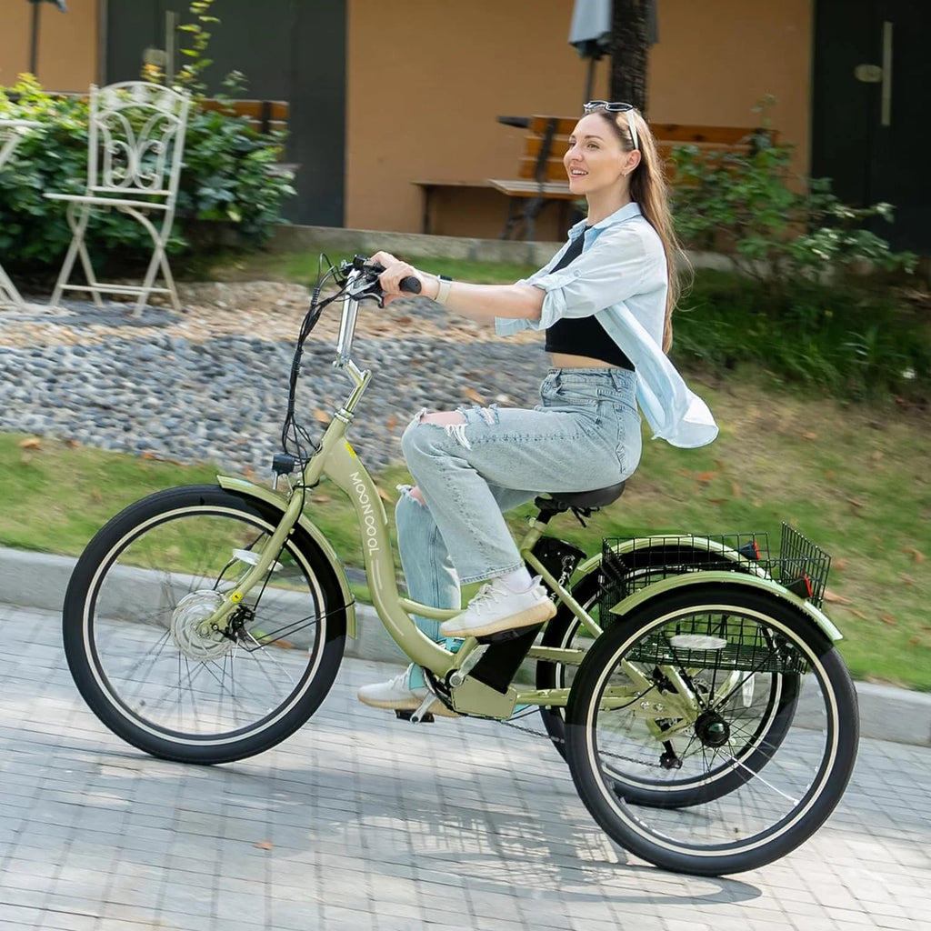 Tricycles électriques ABORON 24 26, batterie au lithium 36 V 10 Ah 350 W, triporteur électrique 7 vitesses pour adultes avec grand panier arrière et siège réglable