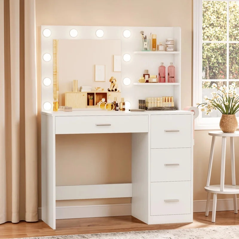 Coiffeuse Lacoo avec miroir et éclairage LED, coiffeuse de maquillage avec 7 tiroirs et 4 étagères, table de toilette avec prise électrique pour chambre ou dressing, blanc