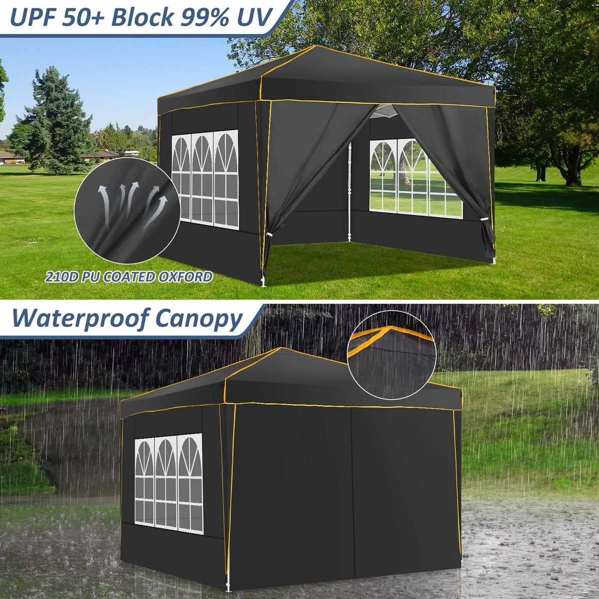 HOTEEL Chapiteau pop-up 10x10 avec murs latéraux, Tente imperméable pour fêtes et événements de mariage, Gazébo d'extérieur instantané avec sac de transport, piquets, cordes et sacs de sable, Noir