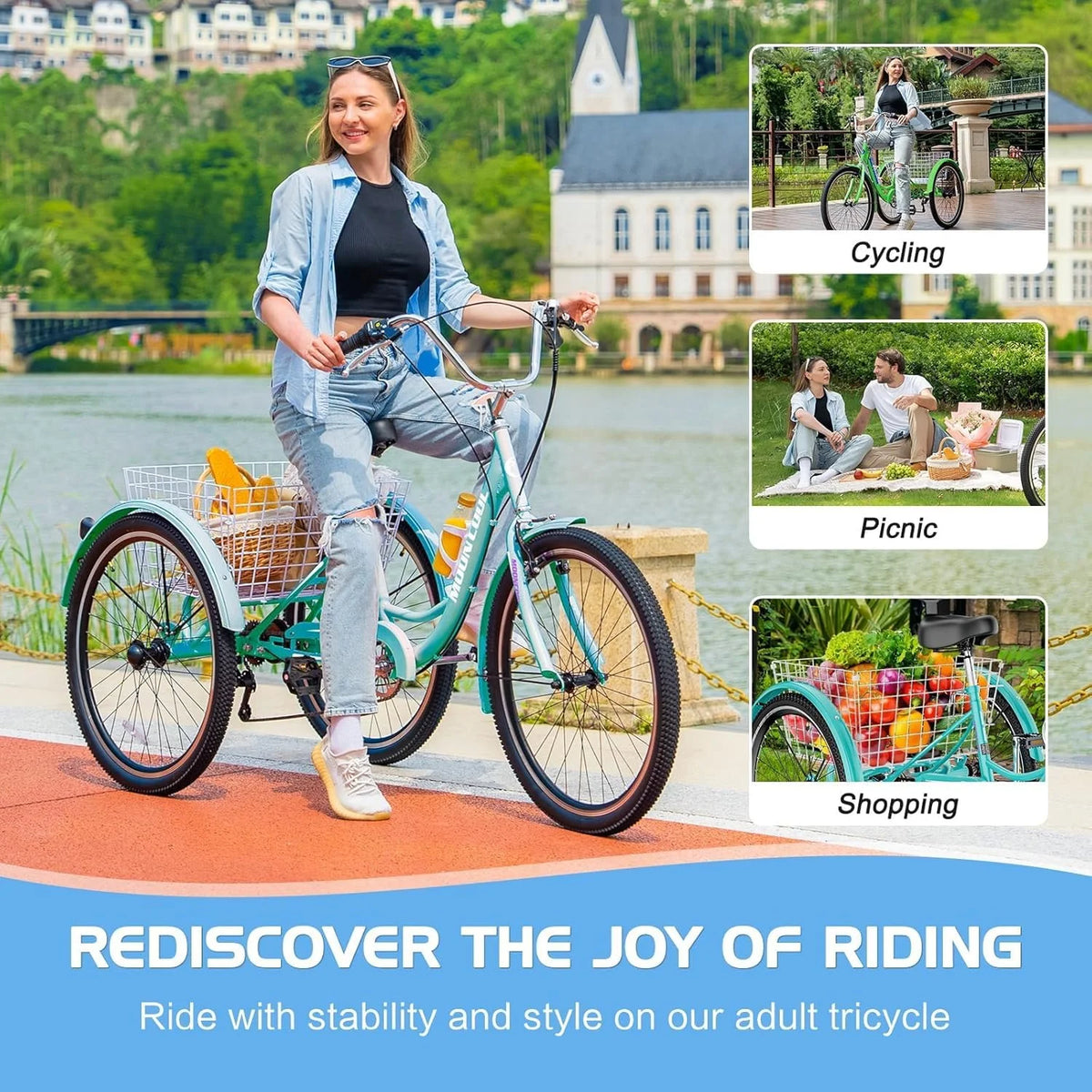 Tricycles pour adultes MOONCOOL avec panier arrière et pompe à pied, vélos à 3 roues 7 vitesses de 24 et 26 pouces, vélo à trois roues pour adultes avec dossier pour seniors, femmes et hommes