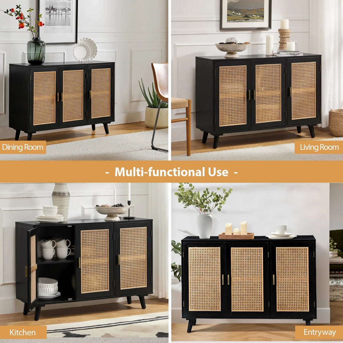 Buffet Boho en bois à 3 portes, meuble de rangement avec portes en rotin, noyer