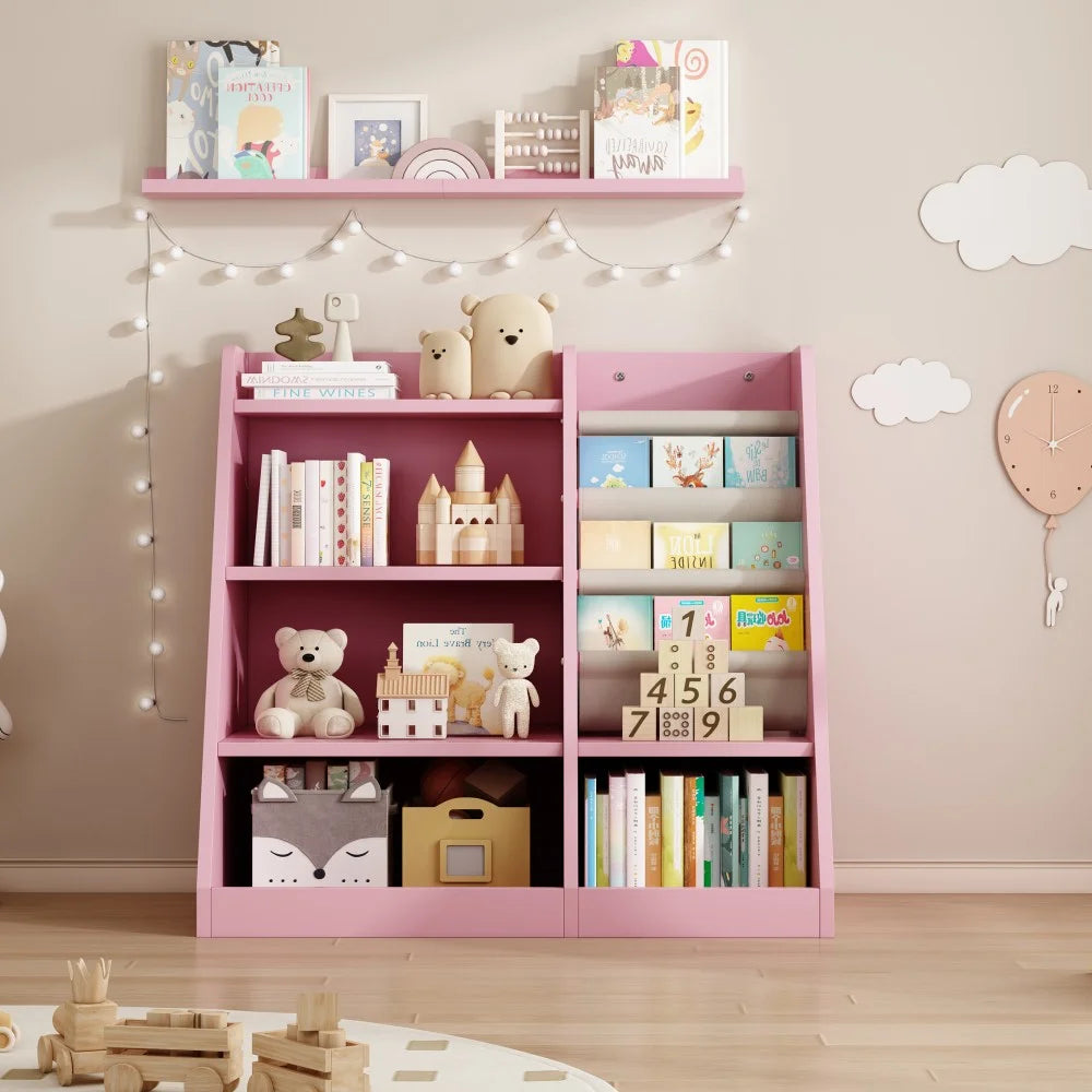 IVV Bibliothèque Montessori pour enfants, Bibliothèque moderne en bois à 4 niveaux, Étagère à livres et jouets pour enfants, Support d’étagère en tissu, Pour salle de classe, chambre, chambre de bébé ou salle de jeux (Rose)