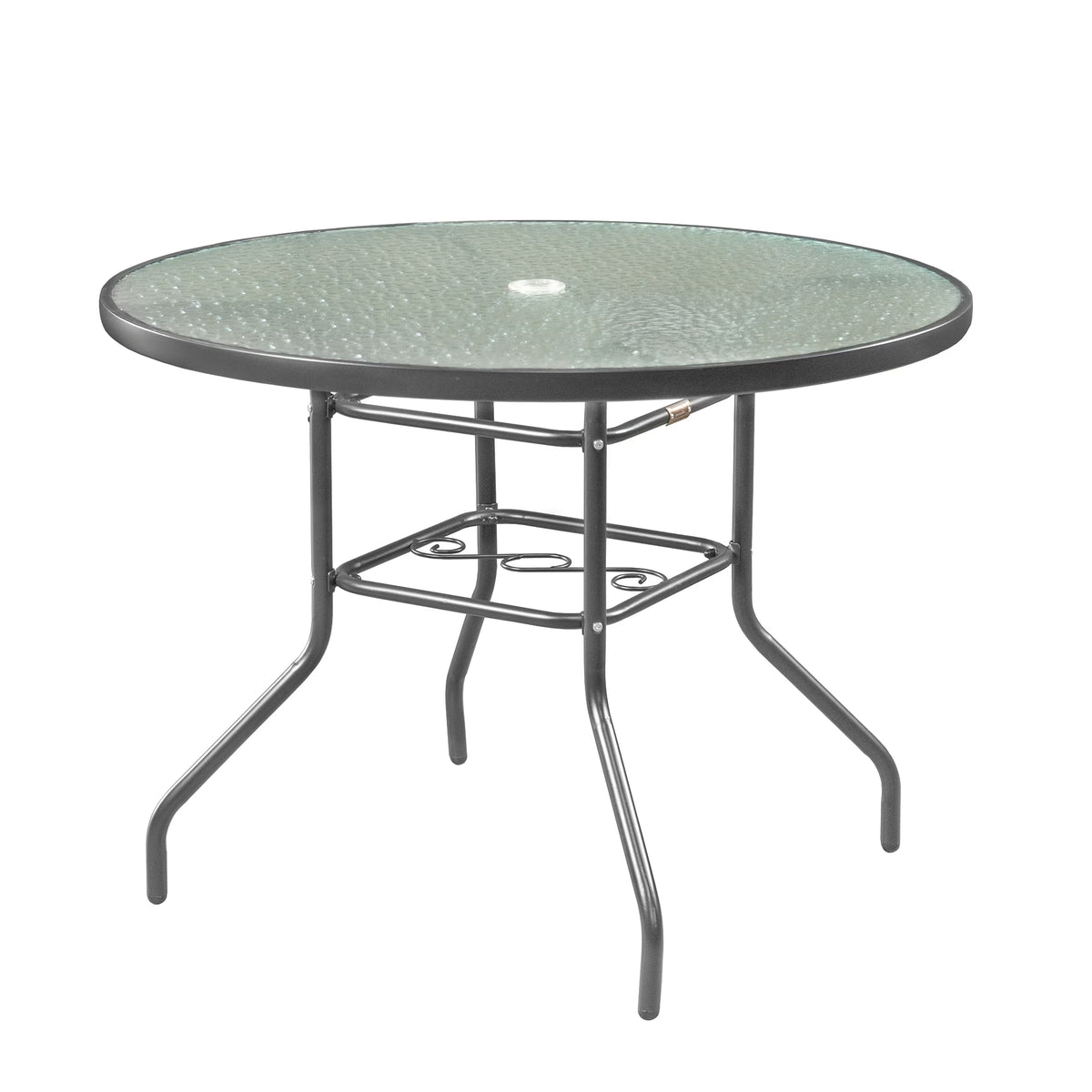Garden Elements Mobilier de terrasse, Table à manger ronde, Piétement et bordure en acier avec plateau en verre ondulé, Gris, 40