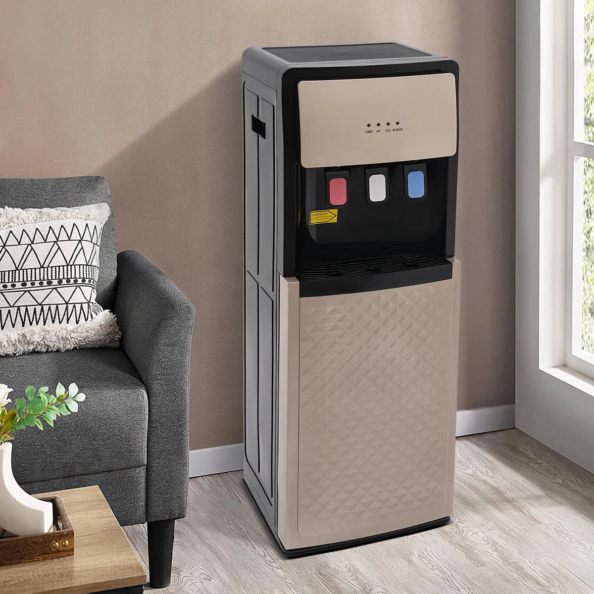 Distributeur d’eau à bonbonne inférieure Or Champagne - Eau chaude, froide et à température ambiante, chauffage 500 W, refroidissement 90 W, conception sûre et conviviale pour la maison et le bureau