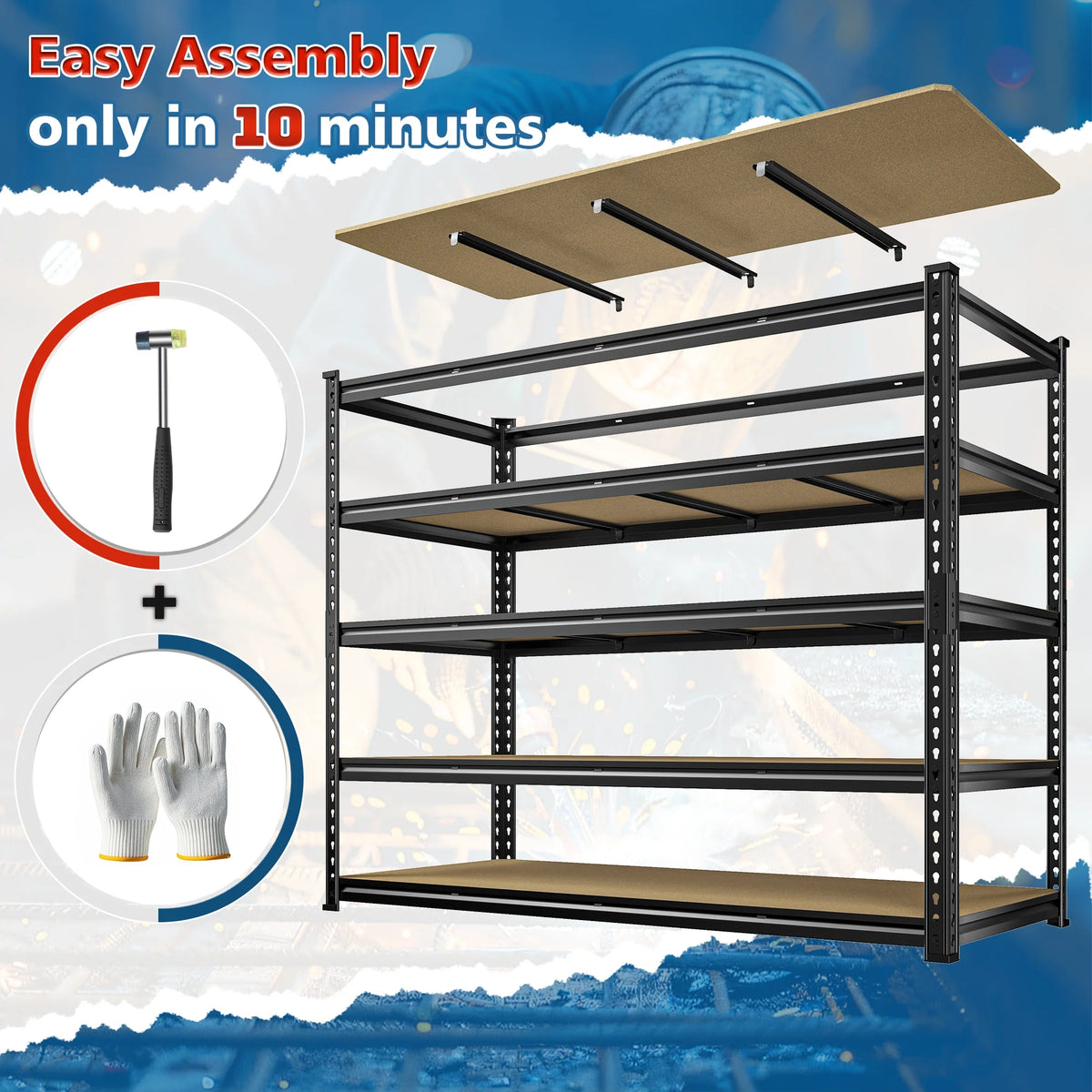 Étagères de garage REIBII 60 po, capacité de 3 000 lb, étagères de rangement robustes et réglables à 5 niveaux, rayonnage métallique, 60 po l x 24 po P x 72 po H