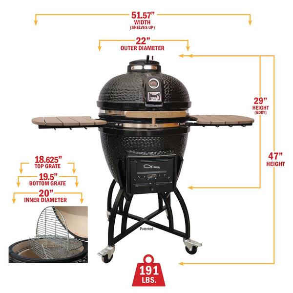 Barbecue à charbon en céramique Kamado Série S de 22 po, noir, avec couvercle, chariot, étagères latérales, deux grilles de cuisson et tiroir à cendres