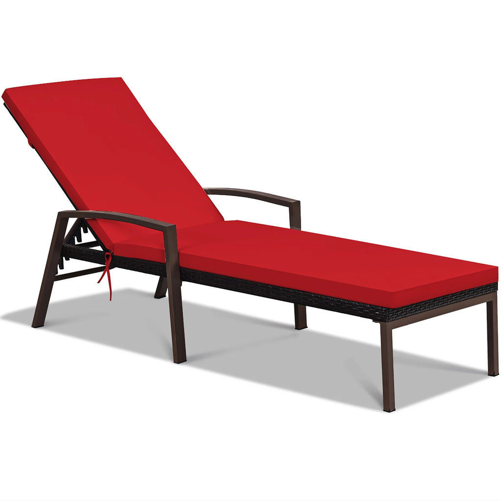 Costway Lot de 2 chaises longues de jardin en rotin, inclinables avec dossier réglable et coussinés, rouges