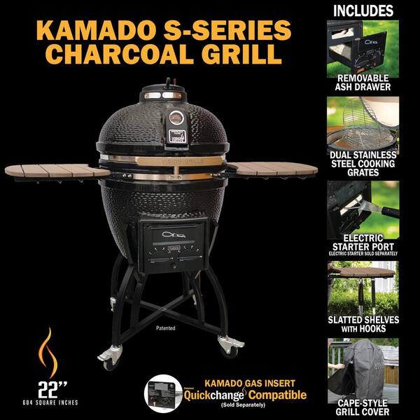 Barbecue à charbon en céramique Kamado Série S de 22 po, noir, avec couvercle, chariot, étagères latérales, deux grilles de cuisson et tiroir à cendres