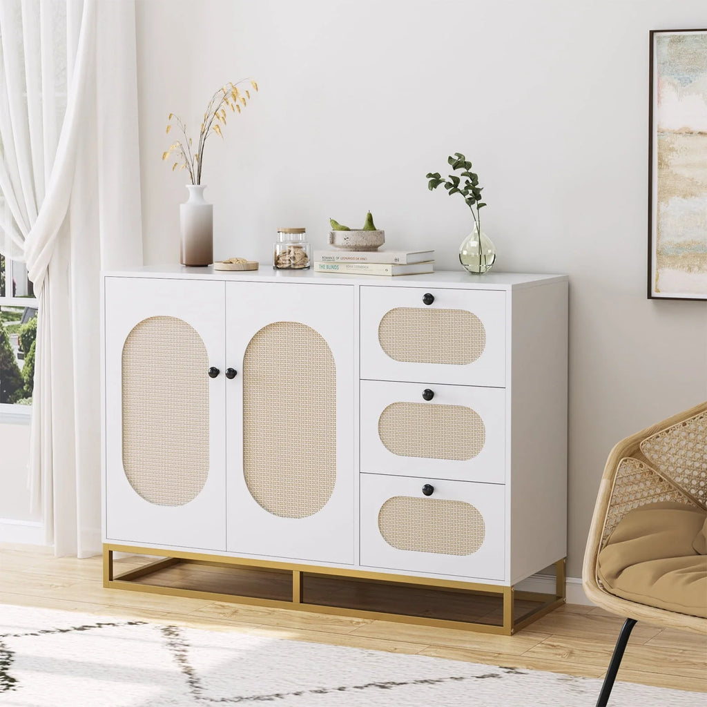 Meuble de rangement d'appoint Homfa à 3 tiroirs, buffet doré de 34,2 H avec portes en rotin pour salon, blanc