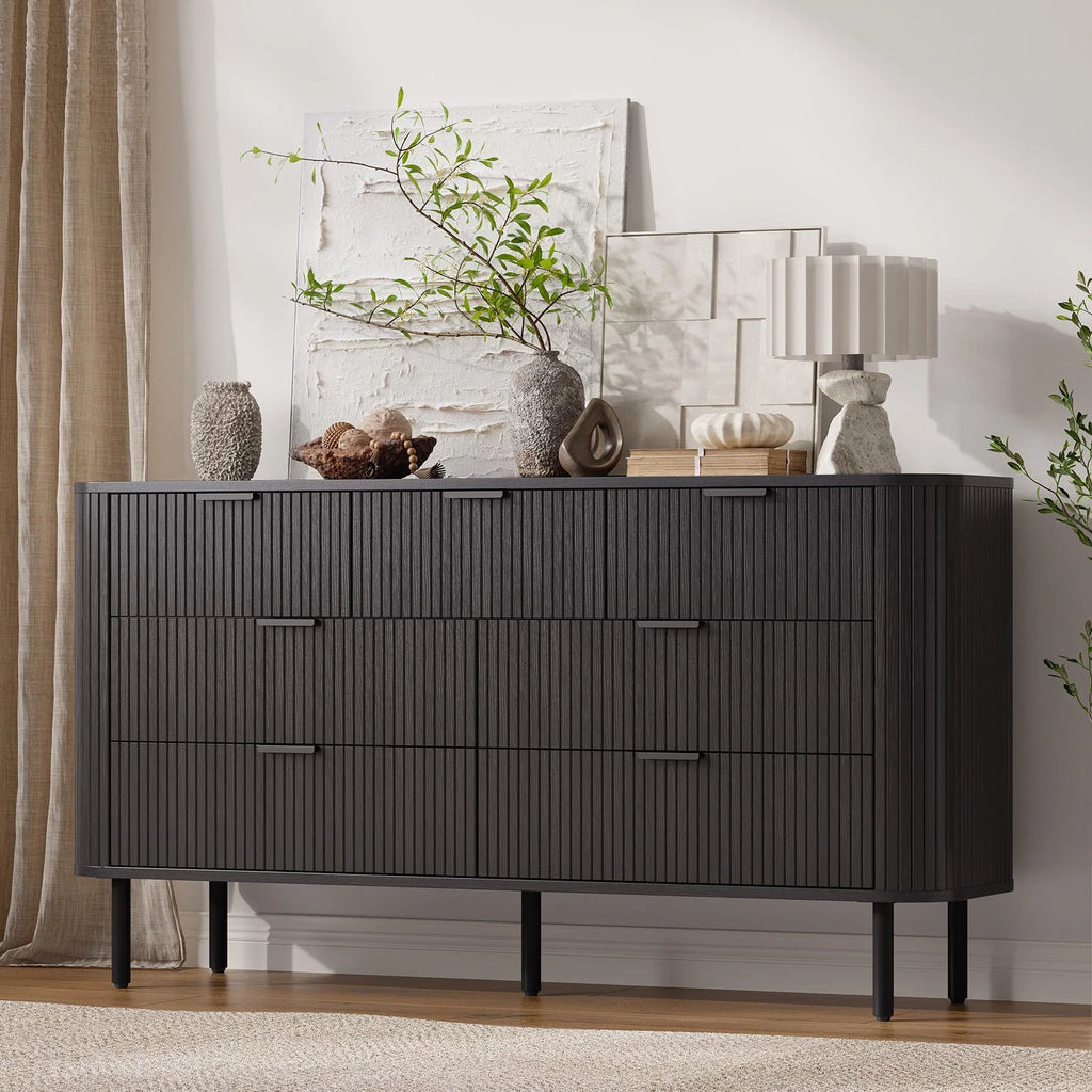 Commode cannelée à 7 tiroirs pour chambre, largeur 60 pouces, moderne, en bois, avec poignées en métal, design aux lignes courbes – Idéale également comme meuble TV pour salon ou couloir, noir