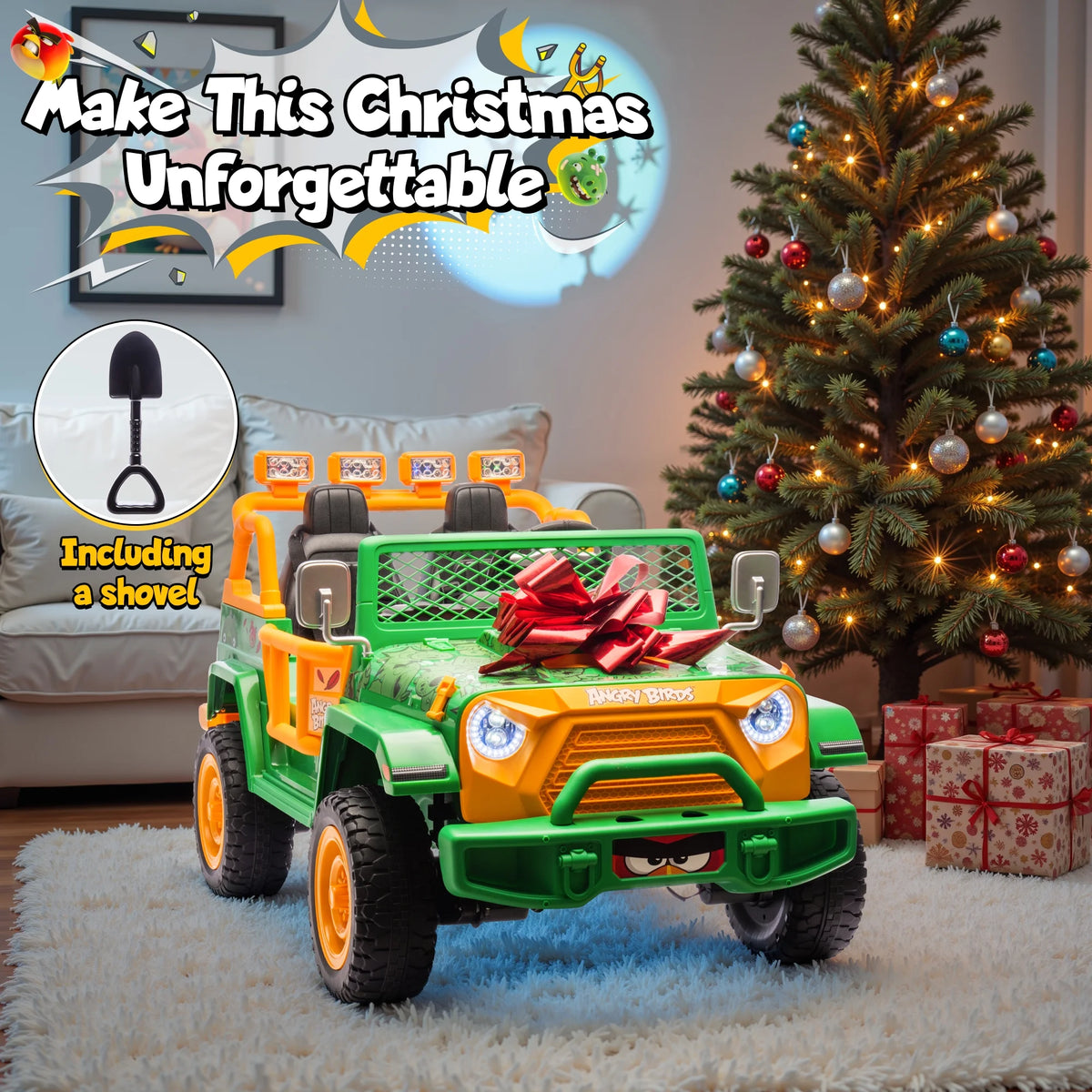 Jouets électriques Joyracer 24 volts pour grands enfants, camion sous licence Angry Birds avec télécommande, véhicule électrique 4x4 à 2 places avec pelle, Bluetooth, lumières, roues de voiture électrique, pour enfants de 3 à 8 ans, jusqu’à 59 kg, vert
